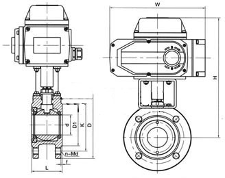 Q971F对夹式超薄型电动球阀PN16～PN64主要外形结构尺寸图