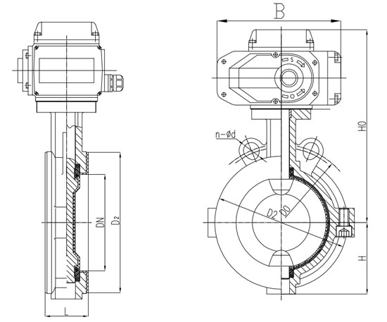 D971F46对夹式电动衬氟蝶阀PN6～PN16外形连接尺寸图