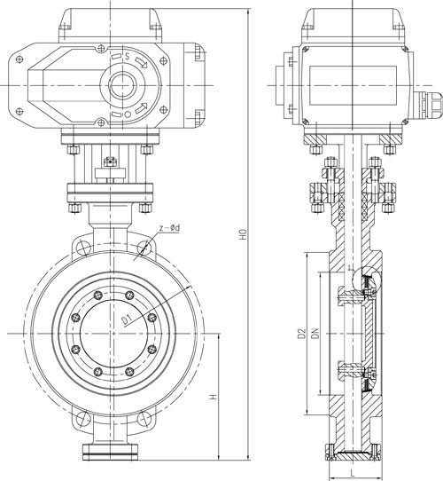 D973H三偏心硬密封电动蝶阀PN10～PN16主要外形连接尺寸图